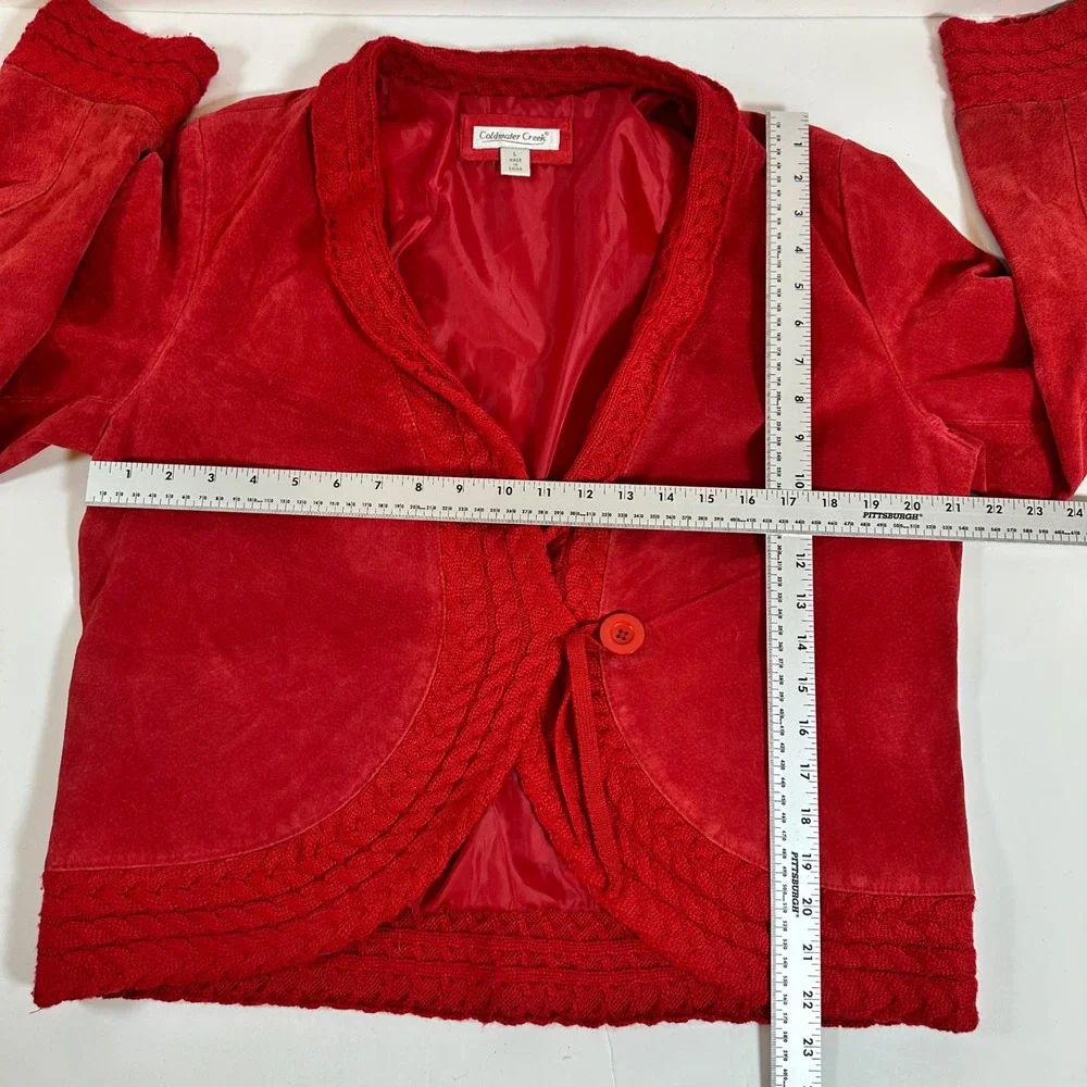 Coldwater Creek Red Suede Leather Jacket Large Knit Trim Button Front Y2K Boho - Picture 8 of 12